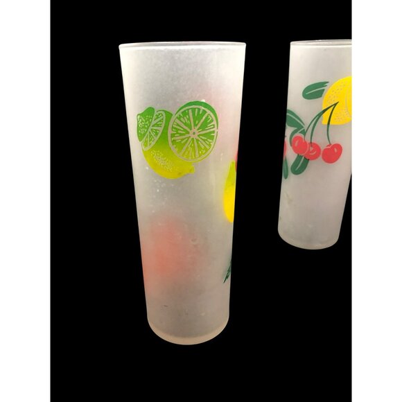 Set Of 4 Mid Century Federal Frosted Tom Collins Glasses With Retro Fruit Design - Picture 4 of 16